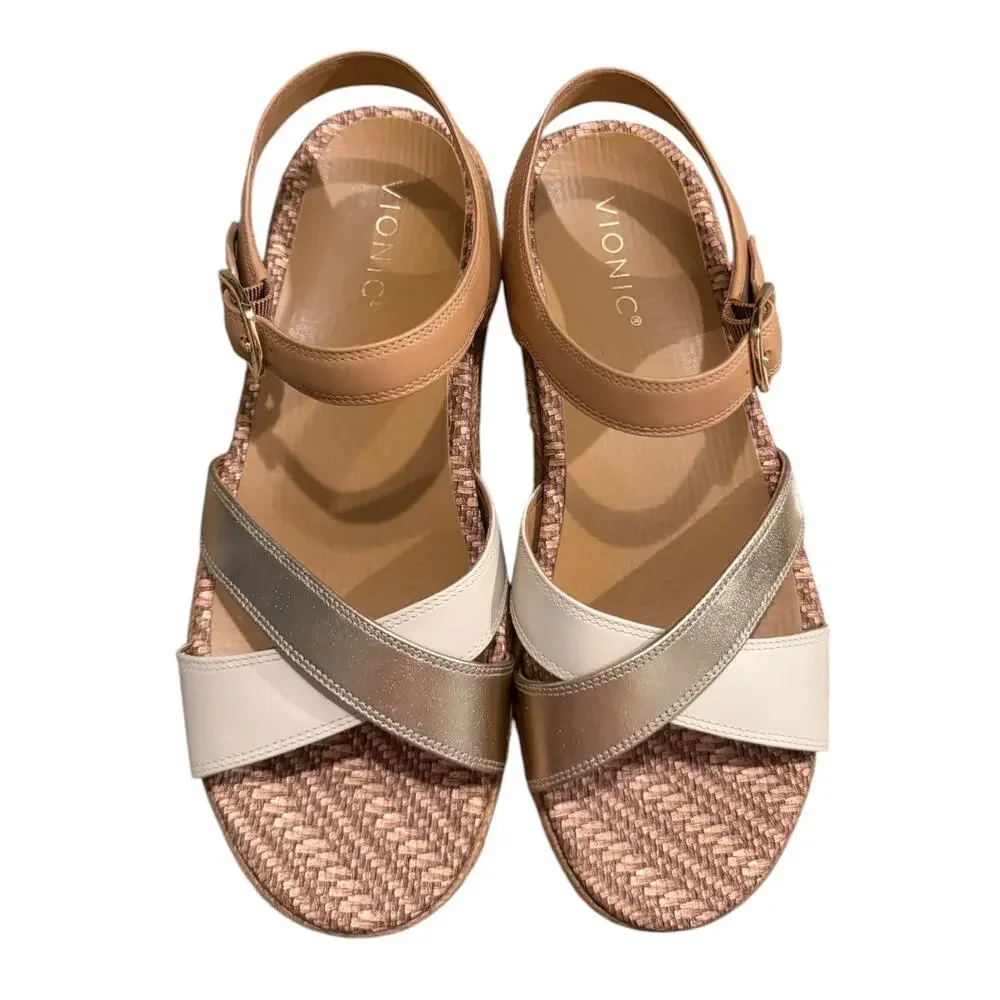 VIONIC Mar Wedge Sandal Camel Gold & Brown Leather NEW Women’s 8.5 Strappy Beach